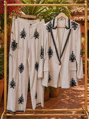 Made in Italy 2 Piece Embroidered Blazer and Trousers Suit Set OS